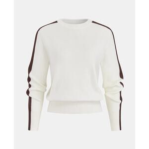 Commense Contrast Stripe Crew Neck Knit Sweater White Brown Trim Minimalist Chic